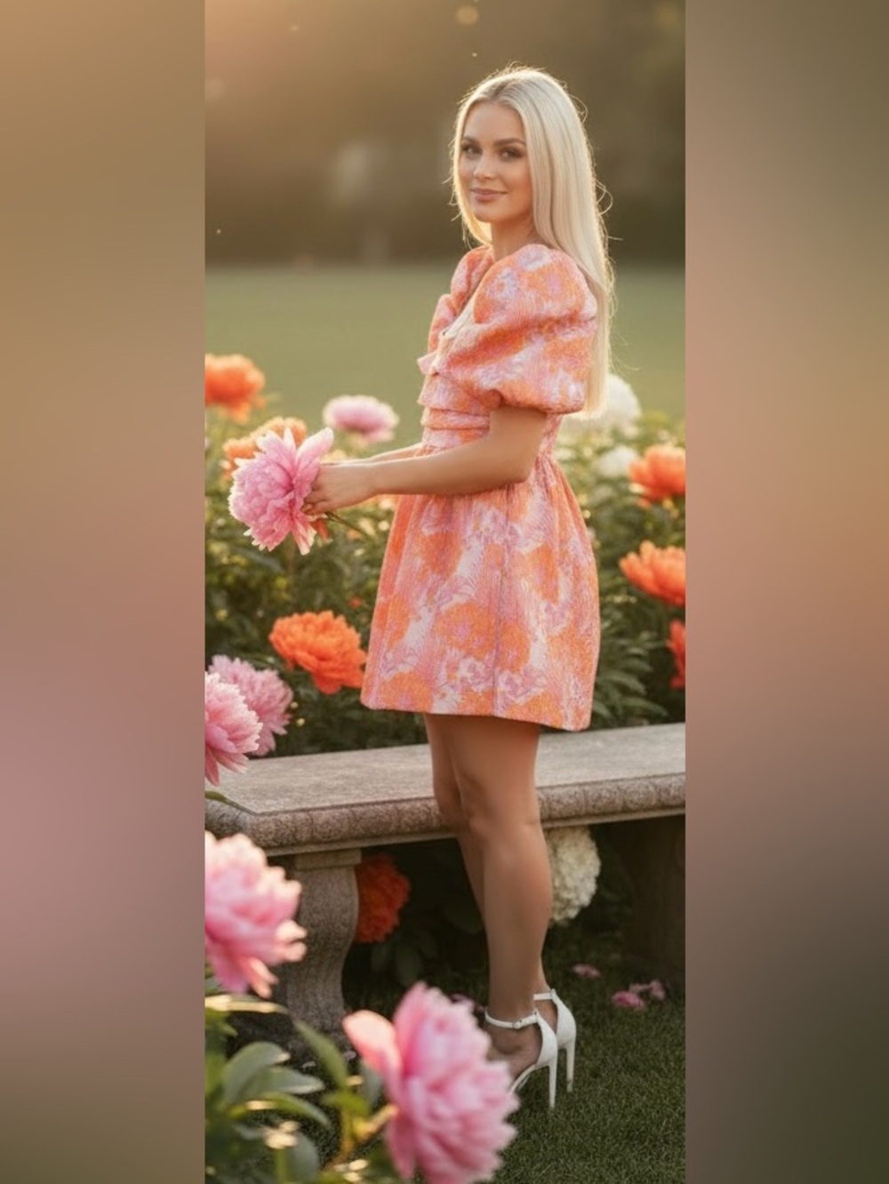 Fashion Nova Womens Orange Pink Floral Jacquard Puff Sleeve Mini Dress Large - Picture 3 of 8
